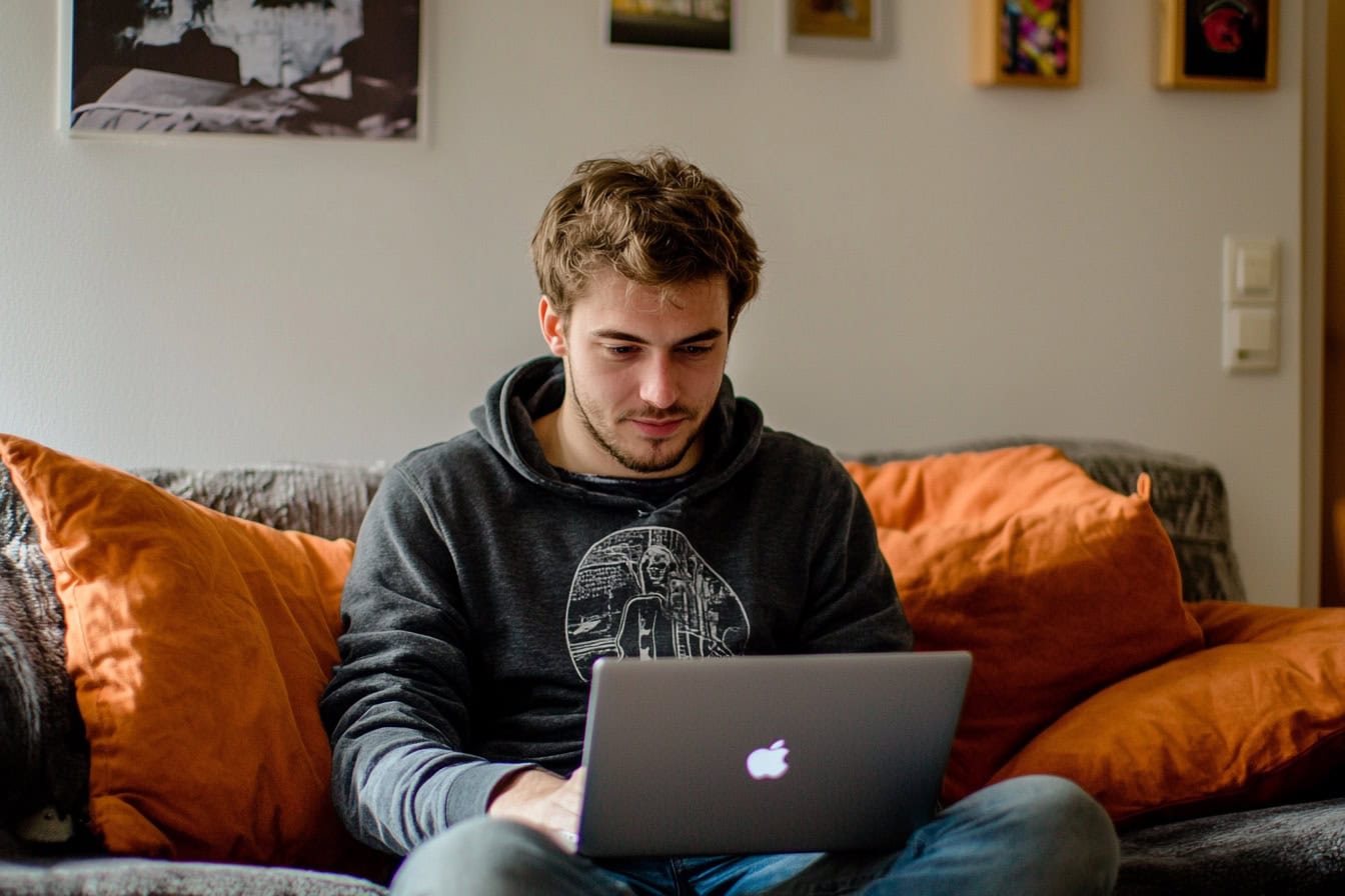 Symbolbild Vertrieb aus dem Homeoffice: Ein junger Mann in Freizeitkleidung auf einem Sofa.