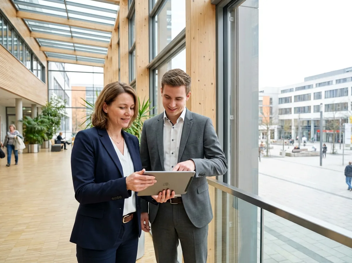 Vertriebsleiterin und Außendienstmitarbeiter besprechen im Klinikfoyer einen Kundentermin am Tablet.
