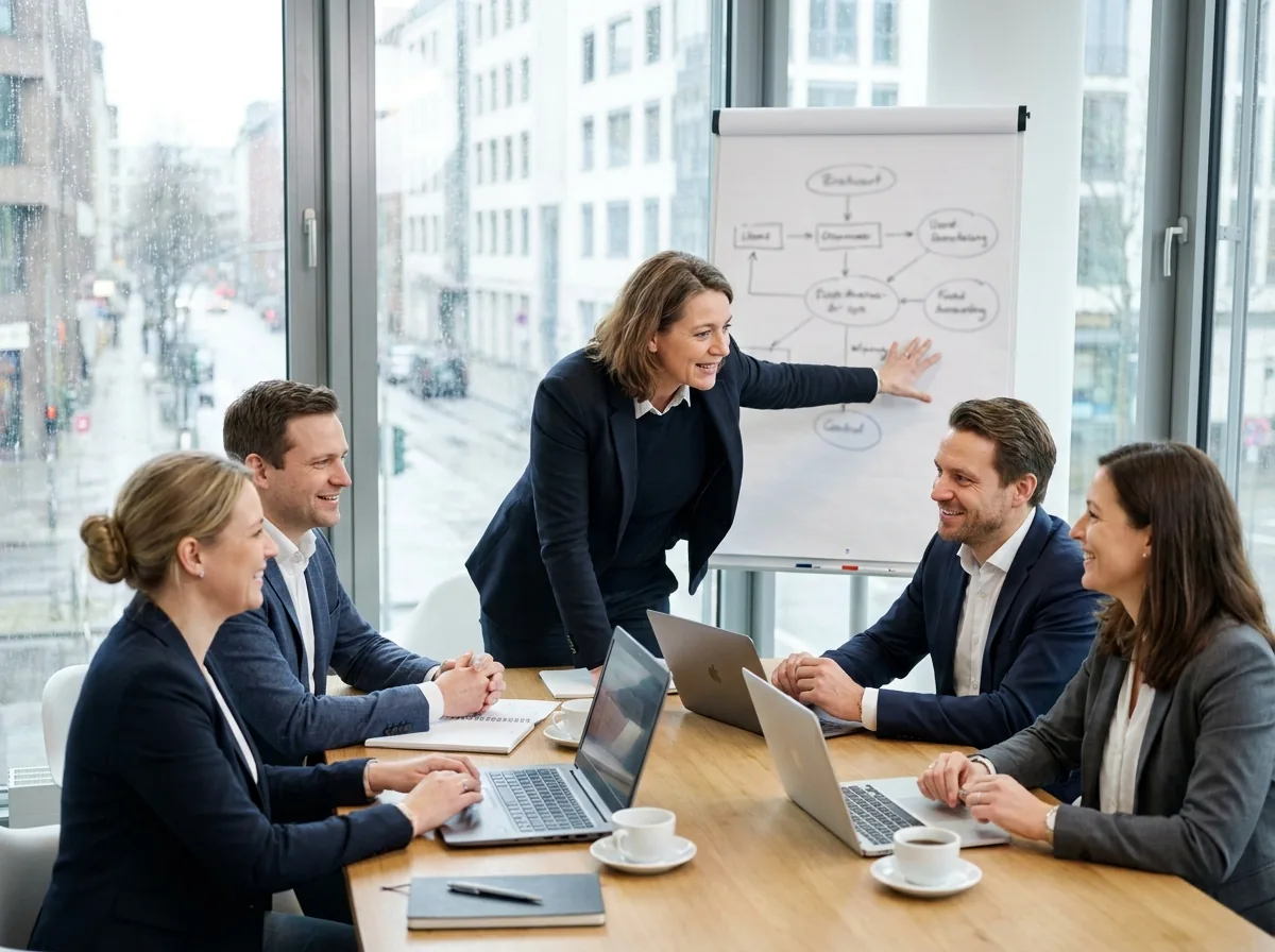 Eine Vertriebsleiterin trainiert ein Team von Versicherungsvermittlern im Besprechungsraum.